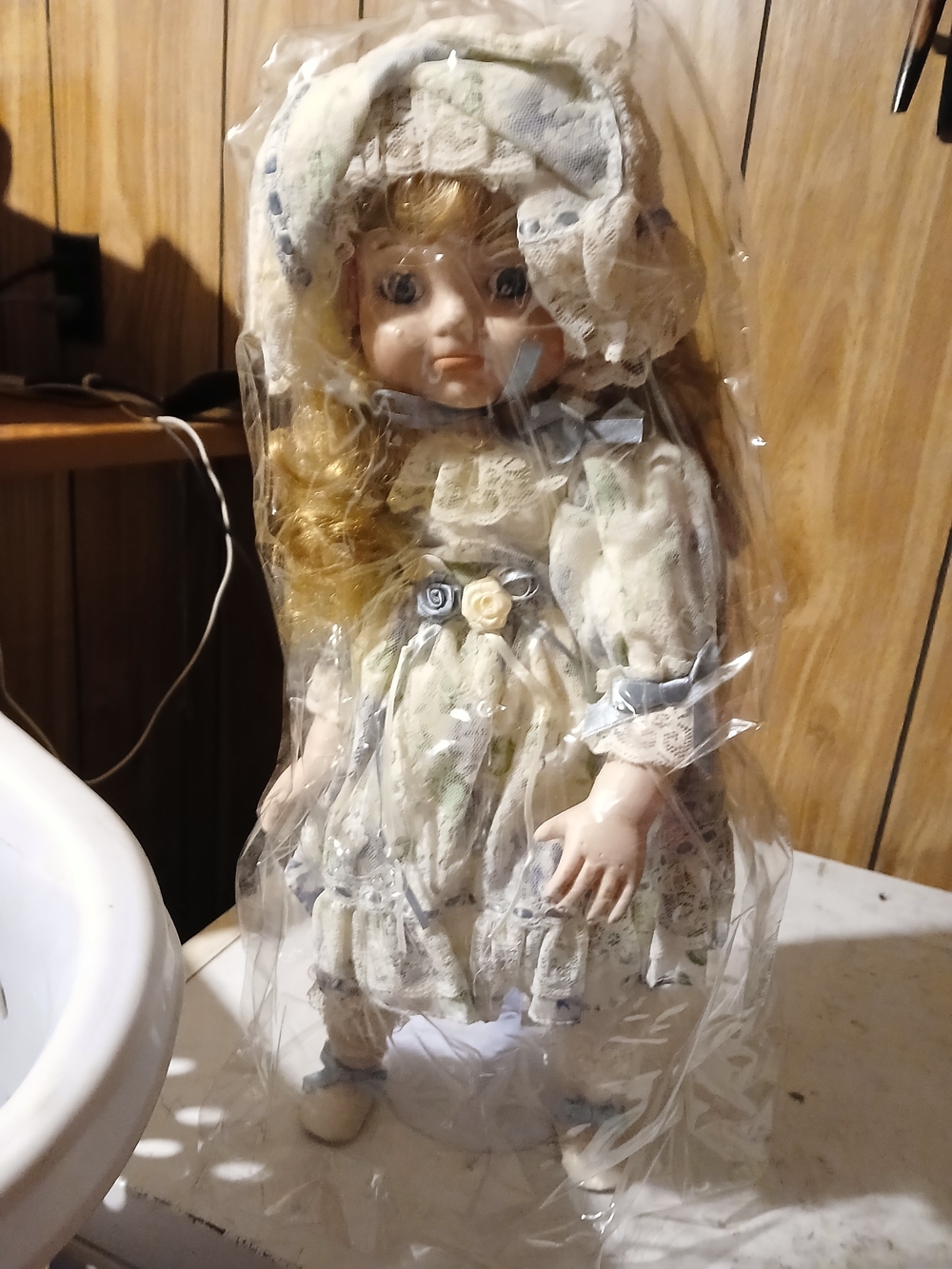 Porcelain Collector Doll With Blonde Curls in Cream Floral Dress with Bonnet